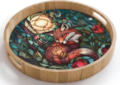 Dienblad rond 40x40 cm - Schootdienblad hout - Vos - Mozaïek - Bos - Maan - Borrelplank rechthoek - Plateau houten dienbladen