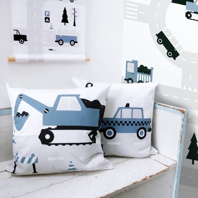 Sierkussen Graafmachine jeans blauw 40x40 tweezijdig met rits inclusief vulling voor kinderkamer