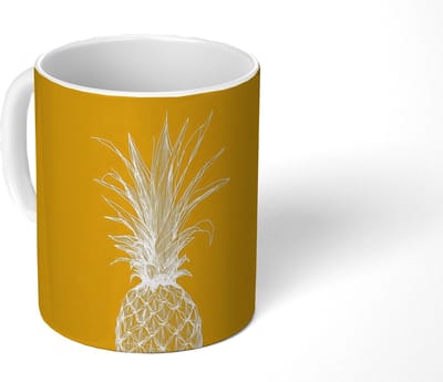 Mok - Koffiemok - Lijnillustratie - Ananas - Bladkroon - Okergeel - Mokken - 350 ML - Beker - Koffiemokken - Theemok