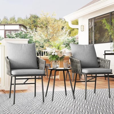 Rotan Bistroset 3-delig Tuinset met 2 Stoelen en Tafel 58x63x69 cm Balkonset met Kussens Weerbestendig – Modern Design Grijs – Urbanhome