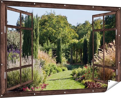 Gards Tuinposter Doorkijk Tuin - 180x120 cm - Tuindoek - Tuindecoratie - Wanddecoratie buiten - Tuinschilderij