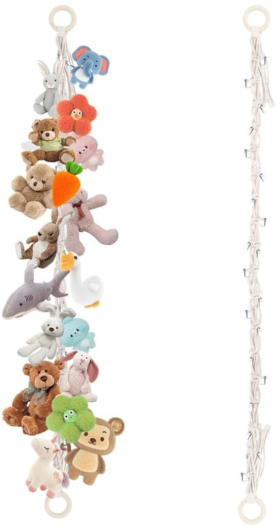 Dailygoods- Knuffeldierenhouder met 20 metalen klemmen - Hangende Opberger - Boho Decoratie - Opbergnet voor Speelgoed - Verstelbare Klemmen - Ruimtebesparend Design