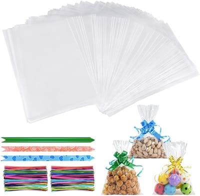 Heldere cellofaan zakken, 100 stuks - 16 x 24 cm - met lint en trekbloem voor cadeauverpakking en decoratie