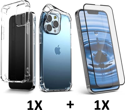 Casemania Hoesje Geschikt voor Apple iPhone 14 Pro - Transparant / Volledige Glazen Screenprotector - Extra Stevig Anti-Shock Hybrid Back Cover