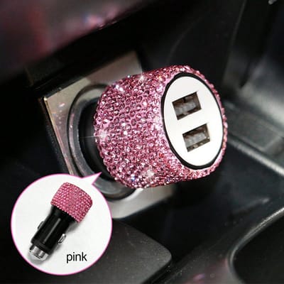 1 stuks Bling Bling Strass Bezaaide Autolader, Snelladen, USB A/C Auto Telefoonlader, Hartvormig LED Display Strass Autolader Adapter roze