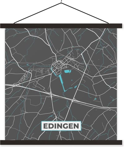 Posterhanger incl. Poster 60x60 cm - Schoolplaat - Stadskaart – Grijs - Kaart – Edingen – België – Plattegrond - Textielposter - Zwarte latten - Stadskaart