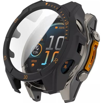 Strap-it Hard case hoesje met ingebouwde screen protector - geschikt voor de Garmin Fenix 8 - 47mm AMOLED (zwarte kleur met oranje accenten)