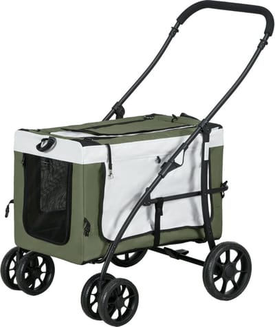 Merax Hondenbuggy - 2 in 1 Huisdierenwagen - Opvouwbare Buggy en Draagtas - Tot 10 kg - Met Netvensters en Opbergvak - Donkergroen