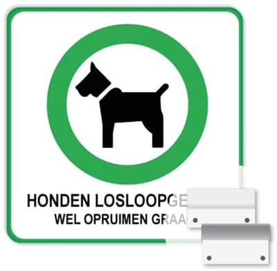 Bord honden losloopgebied 40x40 cm - Bevestiging: Met muur-/ wandmontage beugels