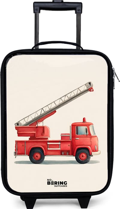NoBoringSuitcases.com® - Kinderkoffer jongen - Kindertrolley meisje - Brandweerwagen - Getekend - Rood - Koffer kind lichtgewicht - Reiskoffer trolley voor kinderen - Koffertje met lichtgevende wieltjes - Rolkoffer zwart
