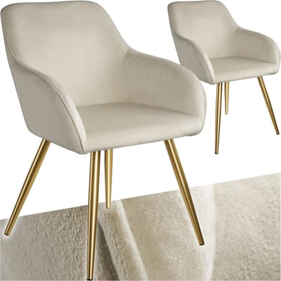 tectake® Eetkamerstoel Marilyn - Set van 2 - Met Armleuningen - Elegante Stoel met Gevoerde Zitting in Fluweellook - Gestoffeerd - Gouden metalen poten - Ergonomische Keukenstoel - Stoel voor Woonkamer, Eetkamer en Slaapkamer - Creme