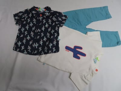 Ensemble - pack - Jongens - T shirt , overhemd en lange broek - ecru , blauw , mint groen - 1 jaar 80