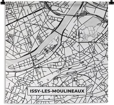 Wandkleed - Wanddoek - Stadskaart - Frankrijk - Issy-les-Moulineaux - Kaart - Plattegrond - Zwart wit - 180x180 cm - Wandtapijt