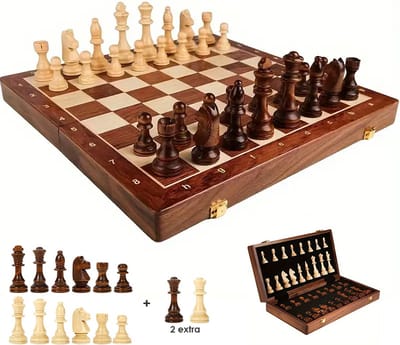 Chess Houten schaakset - Opklapbaar schaakbord 45x45 cm - 2 extra koninginnen