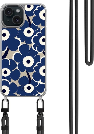Hoesje met koord geschikt voor iPhone 13 - Abstract bloom - Inclusief zwart koord - Crossbody beschermhoes - Transparant, Blauw - Mooie Telefoonhoesjes
