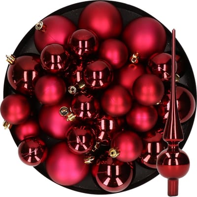 Kerstversiering kunststof kerstballen met glazen piek donkerrood 6-8-10 cm pakket van 45x stuks - Kerstboomversiering