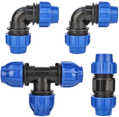 SPHProducts - PE-Buisschroefverbinding - 90° Hoek - Eenvoudige aansluiting - Blauw+zwart - Waterpijpverbinding - Ideaal voor irrigatiesystemen - 25 mm