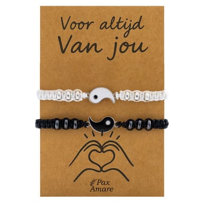 Vriendschapsarmbandjes voor 2 "Voor altijd van jou" - Yin Yang - BFF Armbandjes met Cadeau Kaartje - Zwart & Wit - Elastisch Verstelbaar - Pax Amare