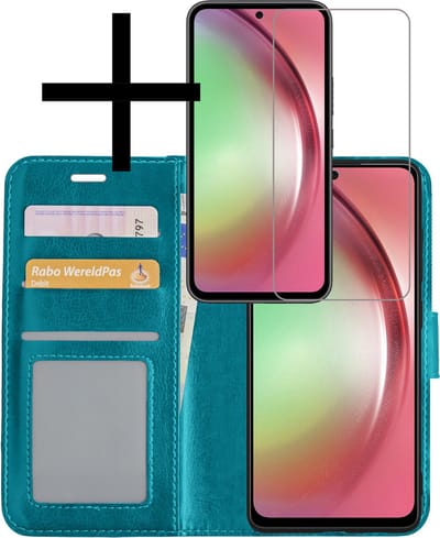 Hoesje - Met Screenprotector - Geschikt voor Samsung Galaxy A54 - Luxe Pasjeshouder - Bookcase Portemonee - Flip Case - Kunstleer Book Case - Flipcase - Book Cover - Walletcase - Portemonneehoes - Turquoise