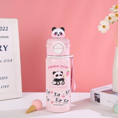 Tasse thermos pour enfants Panda Les étudiants vont à l'école Nouveaux garçons et filles Niveau d'apparence élevé Double paille pour boisson Tasse à eau isolée 500ml