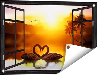 Gards Tuinposter Doorkijk Twee Zwarte Zwanen in een Hart Vorm - 60x40 cm - Tuindoek - Tuindecoratie - Wanddecoratie buiten - Tuinschilderij