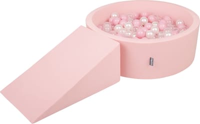 KiddyMoon Schuimspeelplaats met rond Ballenbad - ∅7cm 100 Ballen - Speeltoestel met ramp - Ballenbak ballen voor baby's foam - Ballenbak schuim voor kinderen - Hindernisbanen - Speelbad - Schuimspeelset - Roze: Poederroze Parel Transparant