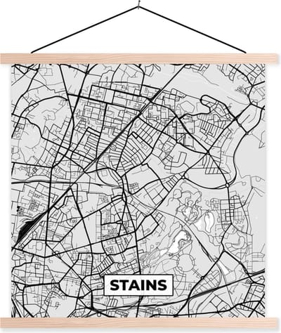 Posterhanger incl. Poster 40x40 cm - Schoolplaat - Frankrijk – Plattegrond – Kaart – Stains – Stadskaart - Textielposter - Blanke latten - Stadskaart