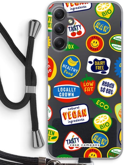 Case Company® - Hoesje met koord geschikt voor Samsung Galaxy A34 hoesje met Koord - Fruitsticker - Telefoonhoesje met Zwart Koord - Bescherming aan alle Kanten en Over de Schermrand