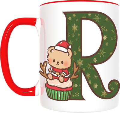 Kerst Mok met Letter R & Beer – Feestelijk Cadeau met Kerstjurkje – Inclusief Cadeauverpakking – 350ml