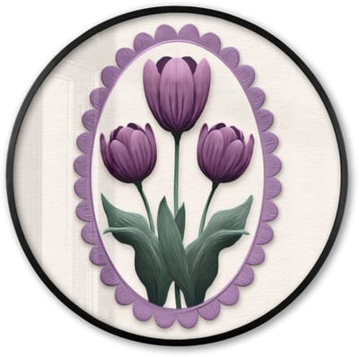 Poster in lijst Rond - Fotolijst 60x60 cm - Posters - Tulpen - Paars - Lijst - Bladeren - Ronde posterlijst zwart - Decoratie - Wanddecoratie woonkamer - Muurdecoratie slaapkamer