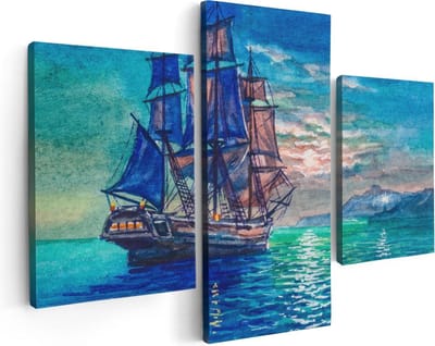 Artaza Canvas Schilderij Drieluik Oude Piratenschip Zeilboot Getekend - 90x60 - Foto Op Canvas - Canvas Print