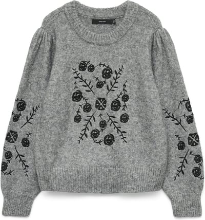 Vero Moda Trui Vmjuta Ls O-neck Embrodery Pullover 10334853 Medium Grey Mel/w. Black Dames Maat - M
