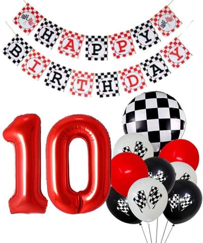 Snoes Racecijferballon 10 Plus Pakket - Verjaardag Ballonnen Race Thema - Rood, Wit & Zwart