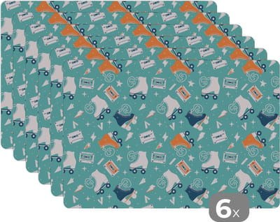 Placemat - Placemats kunststof - Rolschaatsen - Patronen - Vintage - 45x30 cm - 6 stuks - Hittebestendig - Anti-Slip - Onderlegger - Afneembaar