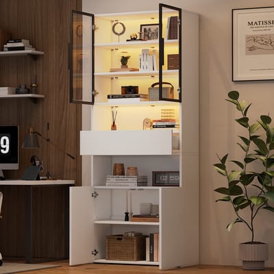DESMIU Vitrinekast - Met Glazen Deuren En Ledverlichting - Voor Woonkamer En Werkkamer - Spaanplaat En Glas - 70x30x200 Cm - Wit