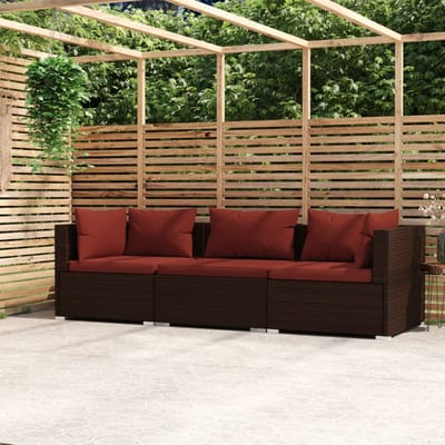 vidaXL - Bank - 3-zits - met - kussens - poly - rattan - bruin