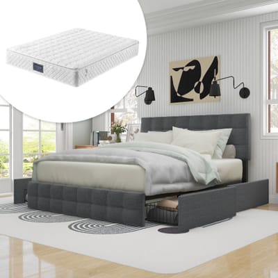 KOMHTOM - Gestoffeerd bed - met 4 lades - tweepersoonsbed - met lattenbodem - opbergruimte - in hoogte verstelbaar hoofdeinde - metalen lattenbodem - linnen materiaal - 140x200 cm - grijs - inclusief matras
