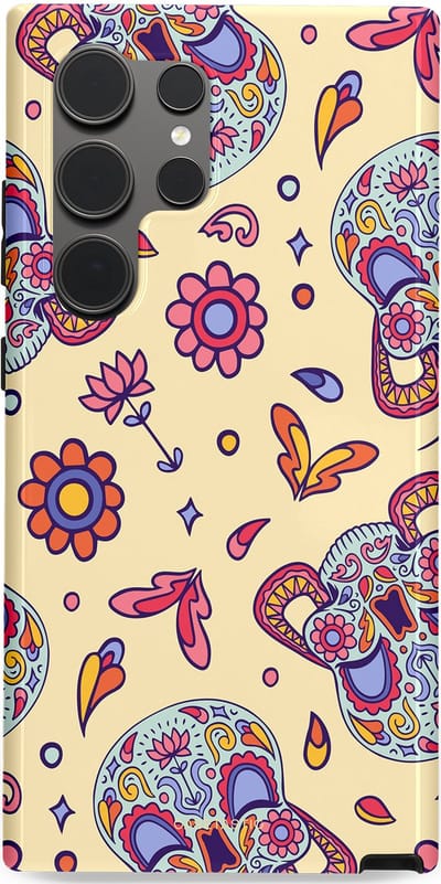 Casetastic hoesje geschikt voor Samsung Galaxy S24 Ultra - Dubbellaagse bescherming - Dia de los Muertos Doodshoofd Bloemen - Fashion Case - Crème Lila Zilver
