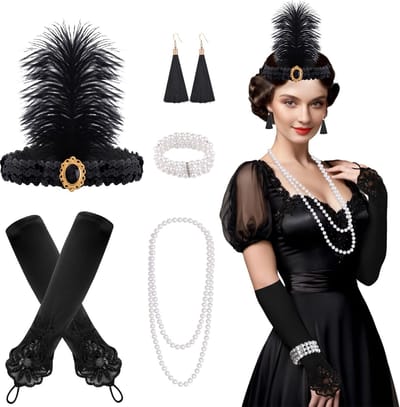 MTTproducts- Themset 8-delig - Flapper Hoofdband - Lange Zwarte Handschoenen - Parelketting - Oorbellen - Vintage Armband - Feestoutfit