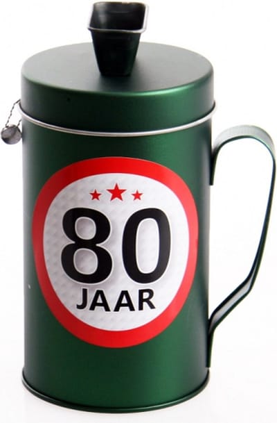 Spaarpot - 80 jaar geworden thema - verjaardag cadeau - Blik met sticker van 9 cm - blik in groen