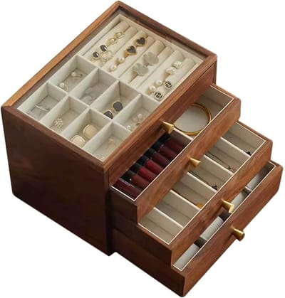Juwelendoos Hout - Sieraden Opberger - Sieraden Organiseren - Met Glazen Deksel - 27x19x11cm - Walnoot
