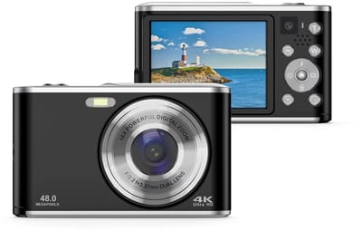 Jumalu Mini Digitale Camera 48MP 4K – Autofocus Compact Camera met 2.8” Display – 16x Zoom – Dubbele Lens Selfie – Webcam Functie – Zwart – Voor Video & Fotografie