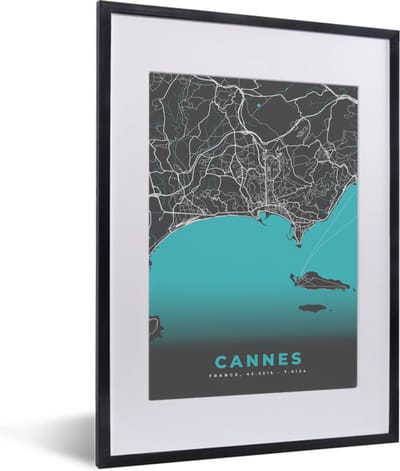 Fotolijst incl. Poster - Cannes - Frankrijk - Kaart - Stadskaart - Plattegrond - 30x40 cm - Posterlijst
