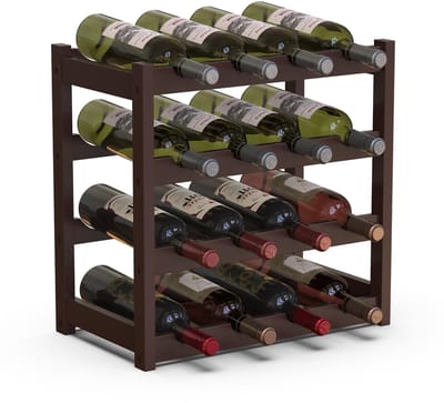 Wijnrek van bamboehout met 16 vakken voor champagne, flessenrek voor bar, woonkamer, keuken, bistro, restaurant, 43,5 x 25 x 43 cm (walnoot)