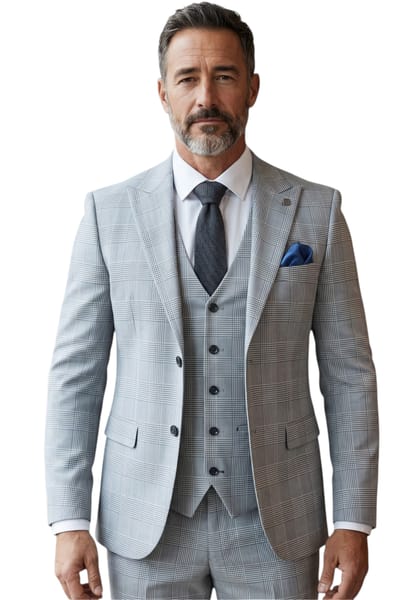 Herenpak in blauw ruitpatroon, driedelig, getailleerd, formeel pak
