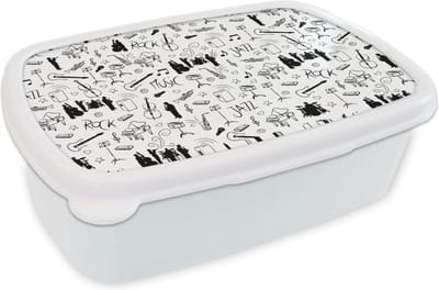 Broodtrommel Wit - Lunchbox - Brooddoos - Muziek - Patronen - Zwart Wit - 18x12x6 cm - Volwassenen