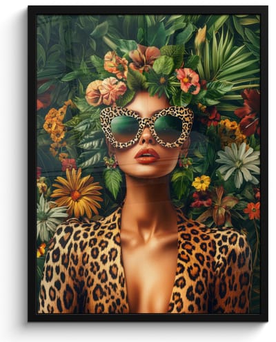 Poster in lijst - Fotolijst 50x70 cm - Posters - Vrouw - Panterprint - Jungle - Natuur - Luxe - Posterlijst zwart - Decoratie - Wanddecoratie woonkamer - Muurdecoratie slaapkamer