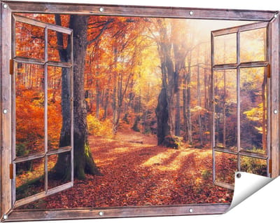 Gards Tuinposter Doorkijk Oranje Herfstbos met Zonneschijn - 120x80 cm - Tuindoek - Tuindecoratie - Wanddecoratie buiten - Tuinschilderij