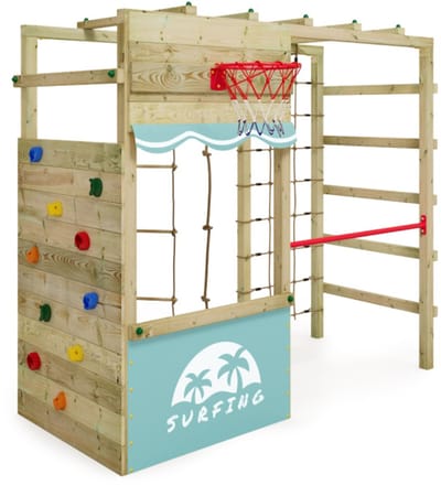 Wickey Smart Action Speeltoestel - Hangladder met Klimnet en Klimwand - Basketbalring & Winkel - 250x105x220 cm - Pastelblauw