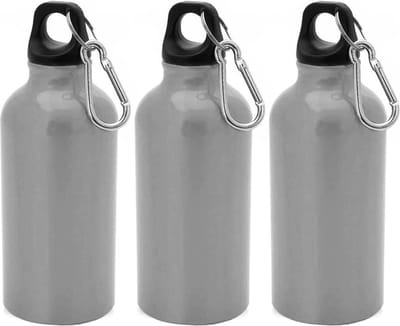 3x Stuks aluminium waterfles/drinkfles zilver met schroefdop en karabijnhaak 400 ml - Sportfles - Bidon
